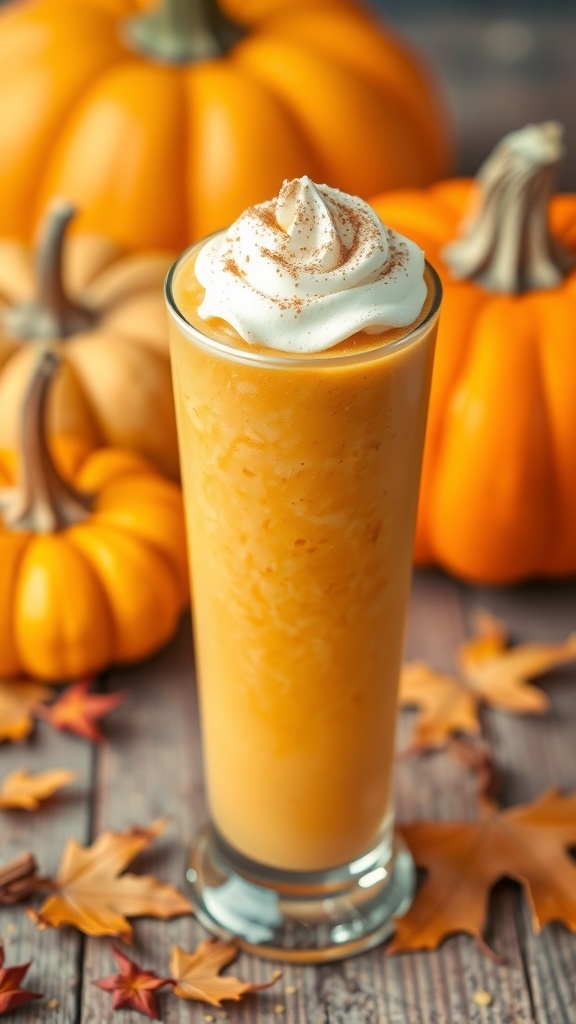 A delicious pumpkin spice smoothie topped with whipped cream and cinnamon, surrounded by pumpkins and autumn leaves.