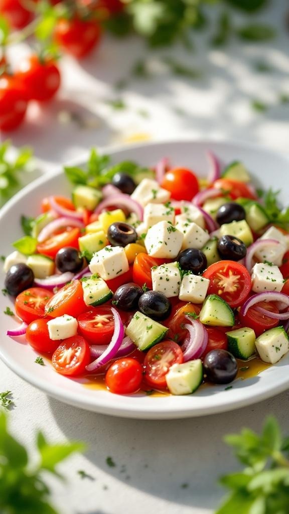 A colorful salad with cherry tomatoes, cucumbers, red onions, olives, and feta cheese on a white plate.