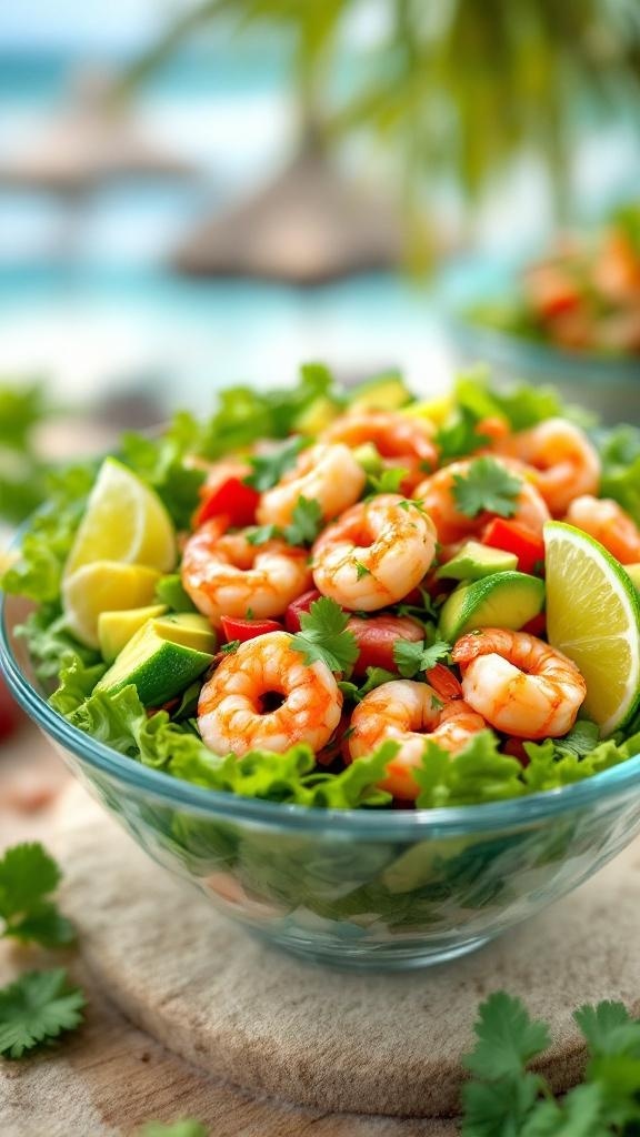 A vibrant shrimp and avocado salad with lime, cilantro, and fresh vegetables.