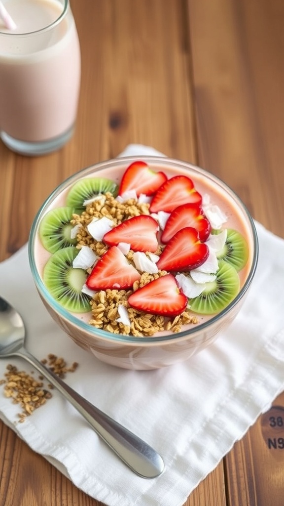 A colorful smoothie bowl topped with strawberries, kiwi, granola, and coconut.