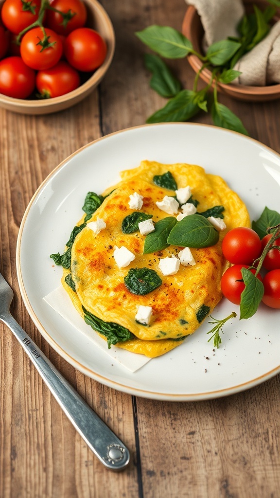 A delicious spinach and feta omelette served with cherry tomatoes.