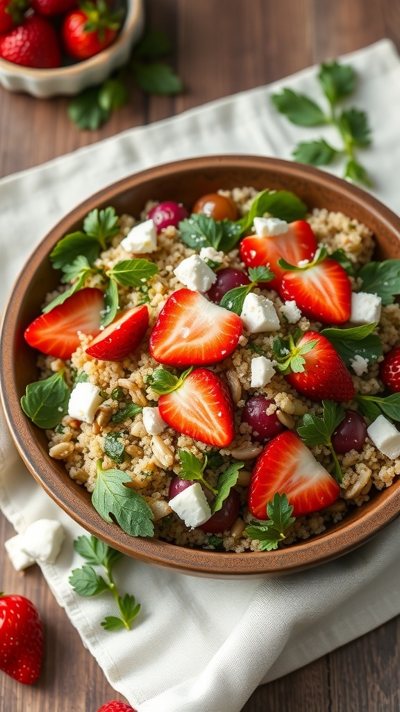 A bowl of strawberry quinoa salad with fresh greens, feta cheese, and sunflower seeds.