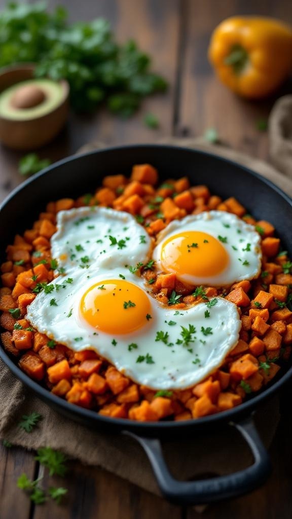 A skillet filled with sweet potato hash topped with two sunny-side-up eggs, garnished with parsley.