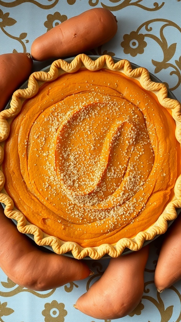 A delicious sweet potato pie surrounded by fresh sweet potatoes.