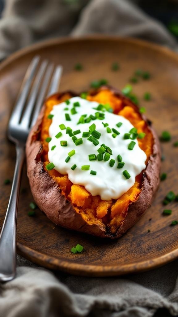 Baked sweet potato topped with yogurt and chives on a wooden plate