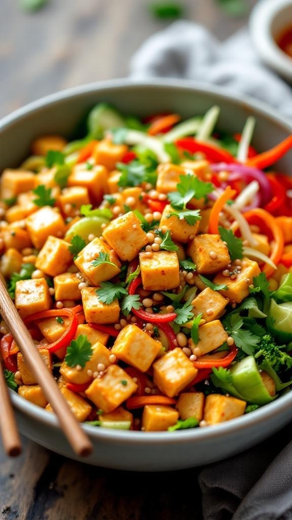 A colorful Thai Peanut Tofu Salad with fresh vegetables and tofu cubes, garnished with cilantro.