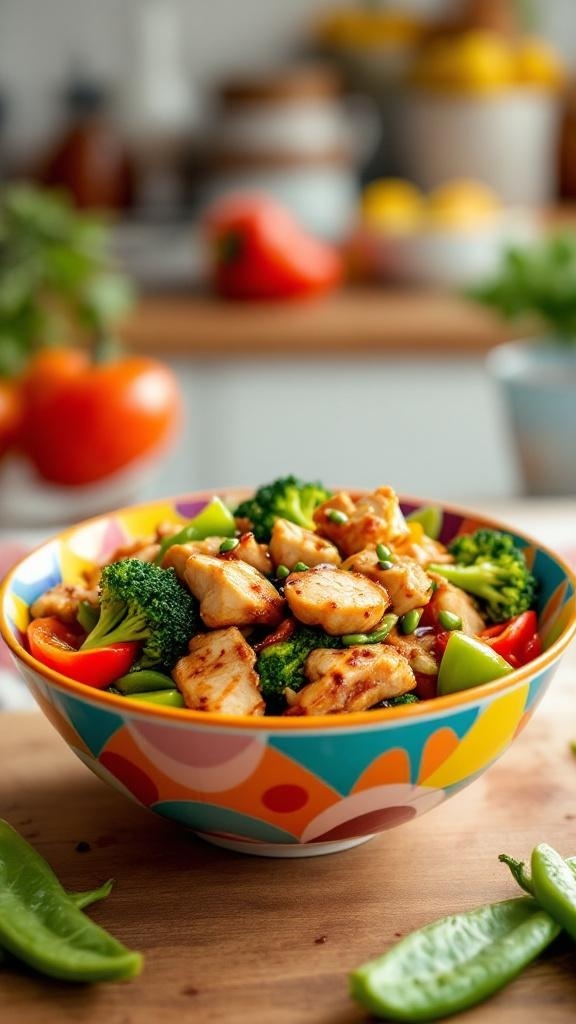 A colorful bowl of turkey and vegetable stir-fry with broccoli, bell peppers, and snap peas.