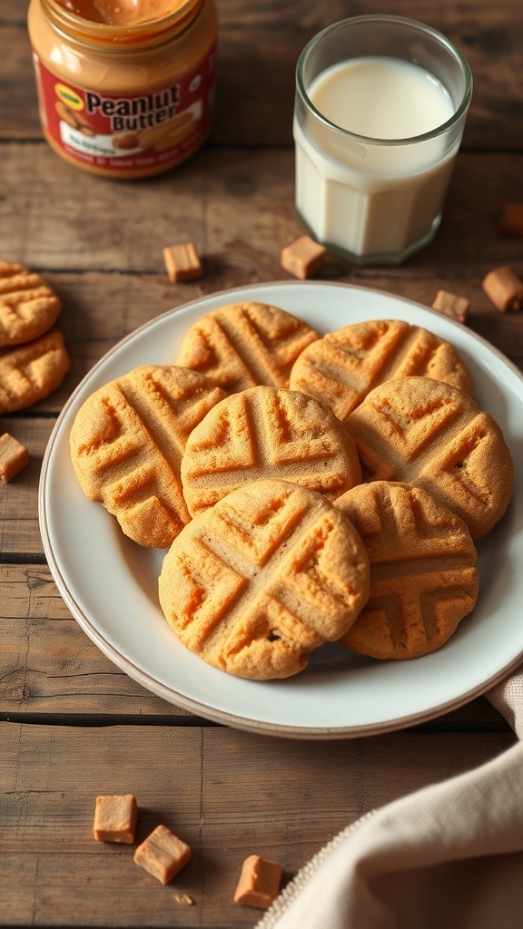 Plate of vegan peanut butter cookies with a jar of peanut butter and a glass of milk