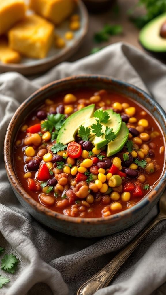 A bowl of colorful vegetable and bean chili topped with avocado and cilantro, served with cornbread.