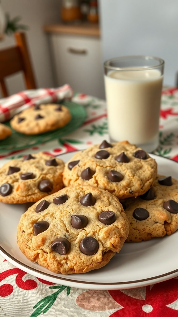 Whole wheat chocolate chip cookies on a plate with a glass of milk