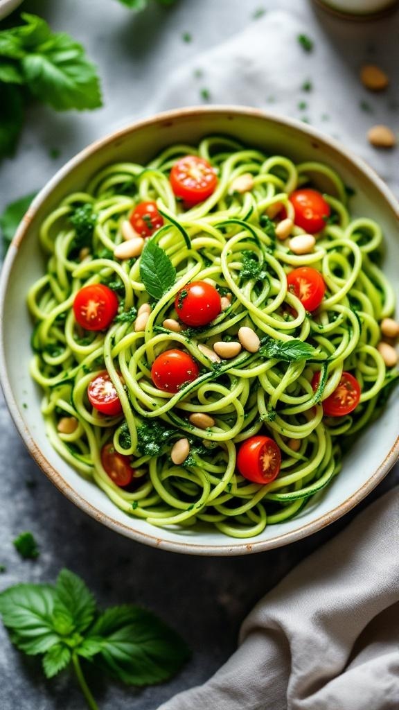 A bowl of zucchini noodles topped with pesto, cherry tomatoes, and pine nuts.