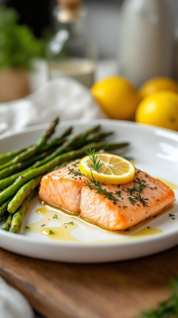 A plate of baked salmon fillet with asparagus and a slice of lemon.