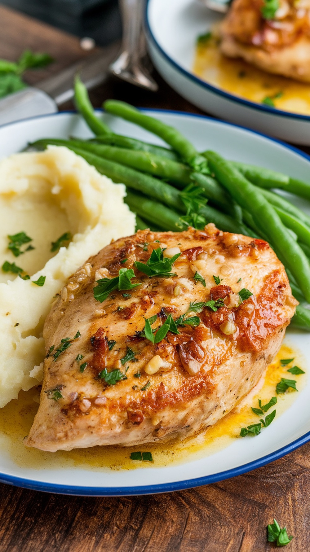 Sautéed chicken breast with garlic butter served with mashed potatoes and green beans.