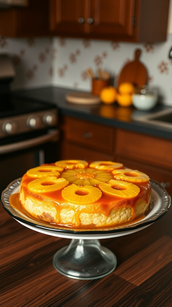 A delicious pineapple upside-down cake with caramelized pineapple rings and cherries, displayed on a glass cake stand in a cozy kitchen.