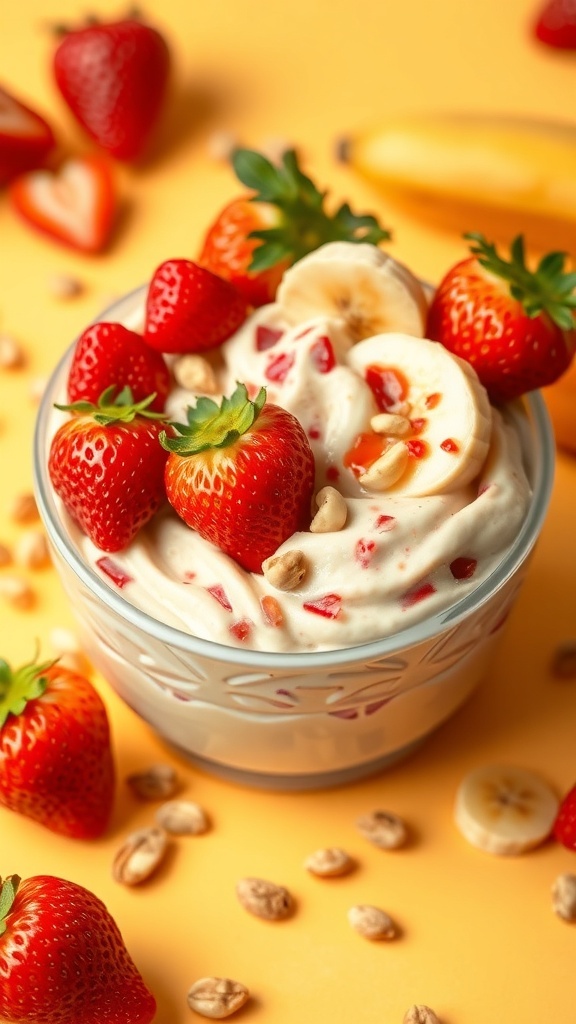 A bowl of strawberry banana nice cream topped with fresh strawberries and nuts.