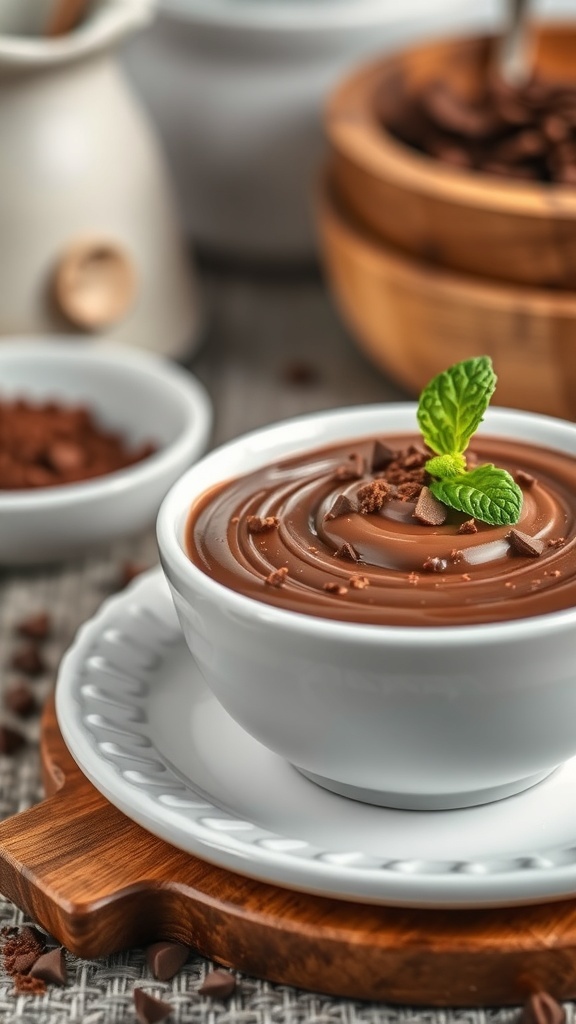 A bowl of creamy chocolate pudding topped with mint leaves and chocolate shavings.
