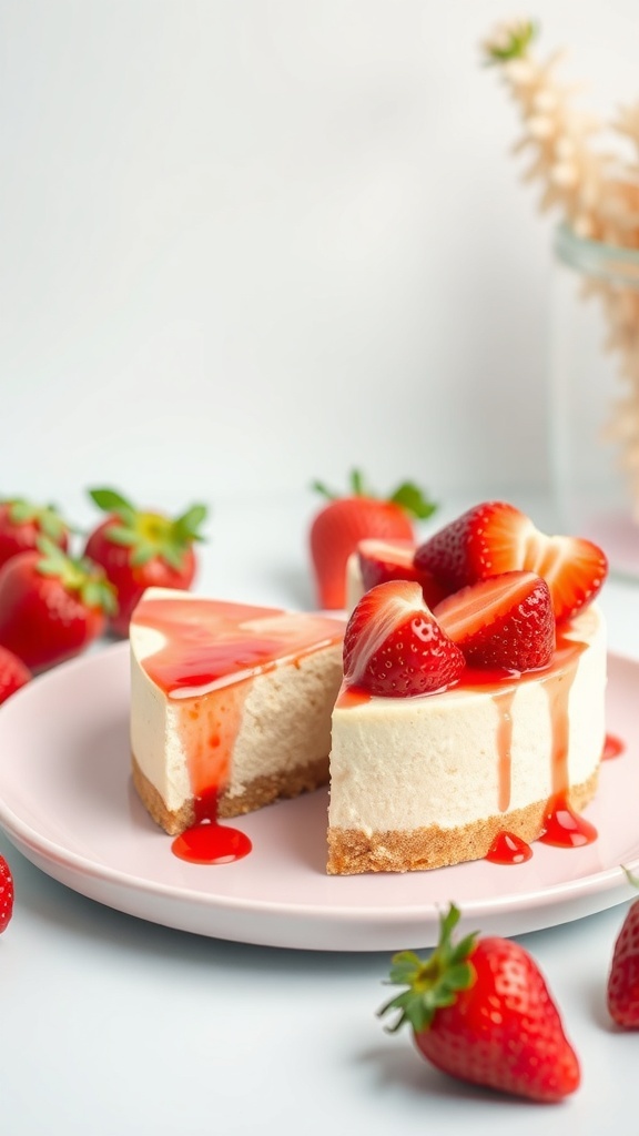 A slice of strawberry protein cheesecake on a pink plate, garnished with fresh strawberries and strawberry sauce.