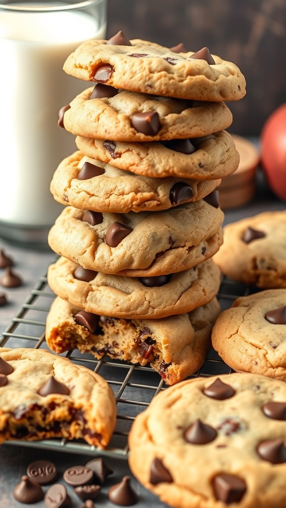 A stack of peanut butter chocolate chip cookies with a glass of milk in the background.