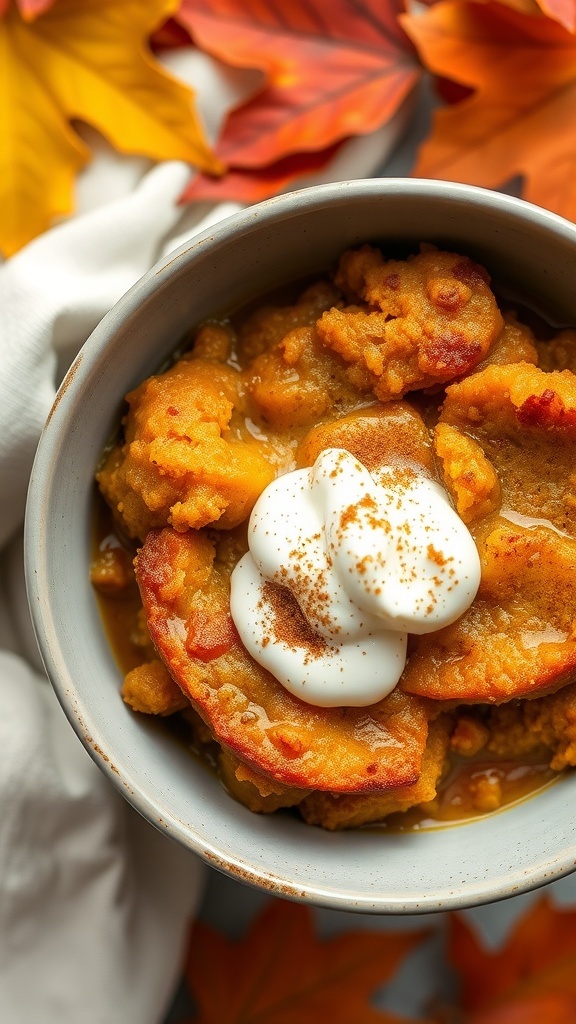 A bowl of vegan pumpkin bread pudding topped with coconut whipped cream and cinnamon, surrounded by autumn leaves.