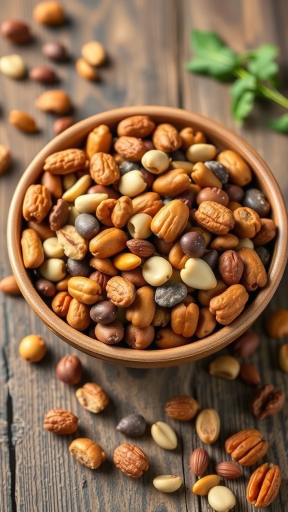A bowl filled with a variety of nuts on a wooden table.