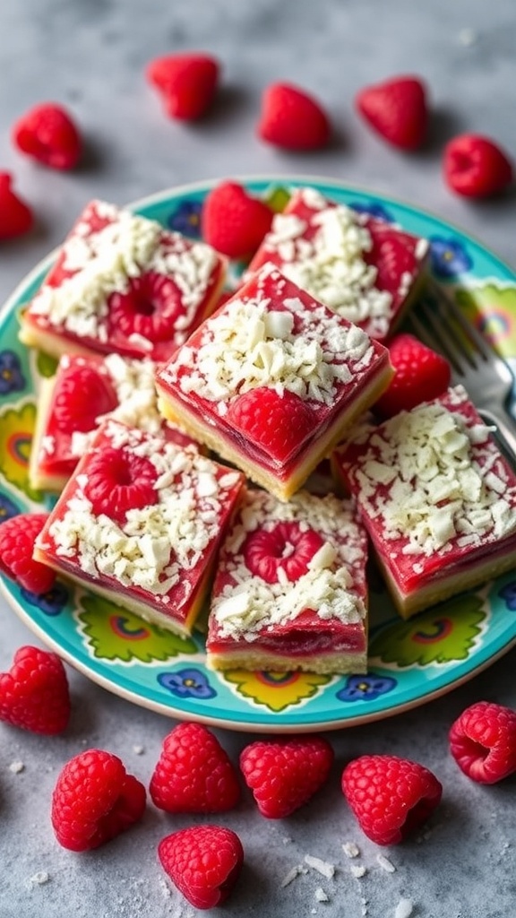 A colorful plate of raspberry coconut bars topped with fresh raspberries and shredded coconut.