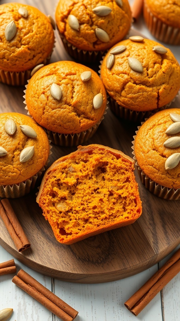 Delicious pumpkin spice muffins topped with pumpkin seeds, displayed on a wooden platter with cinnamon sticks.