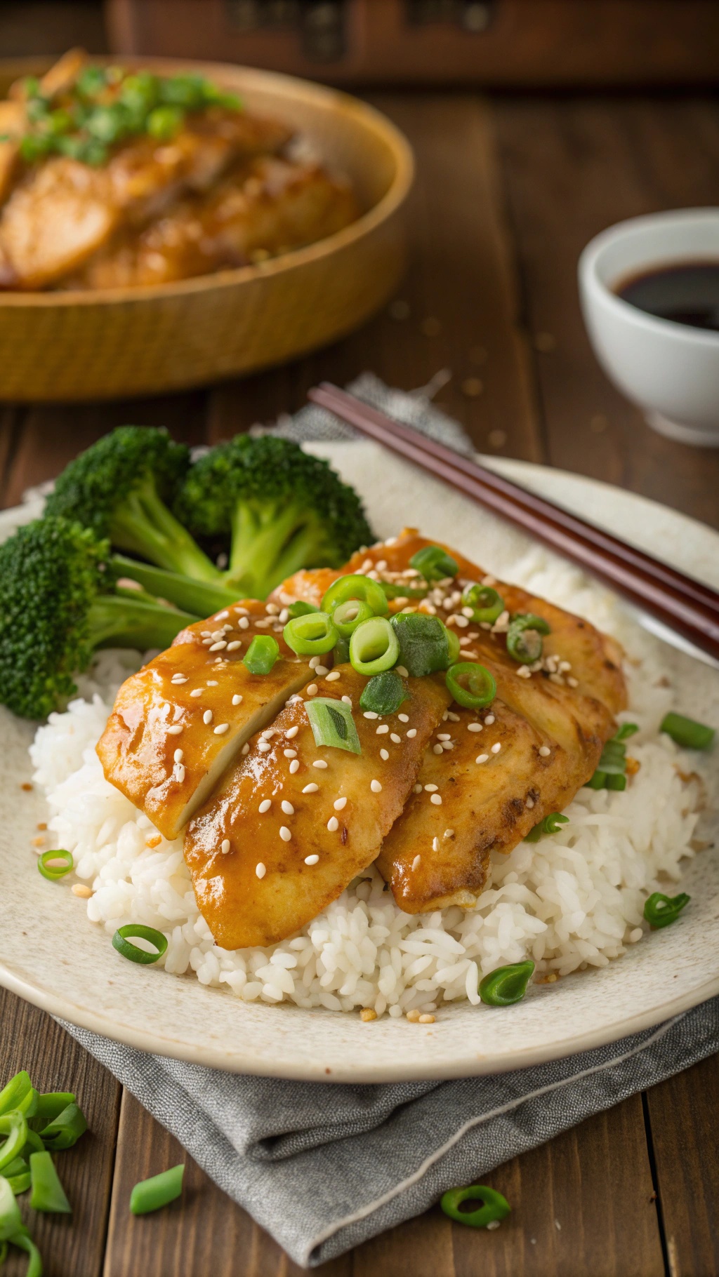Honey garlic chicken breasts served with rice and broccoli