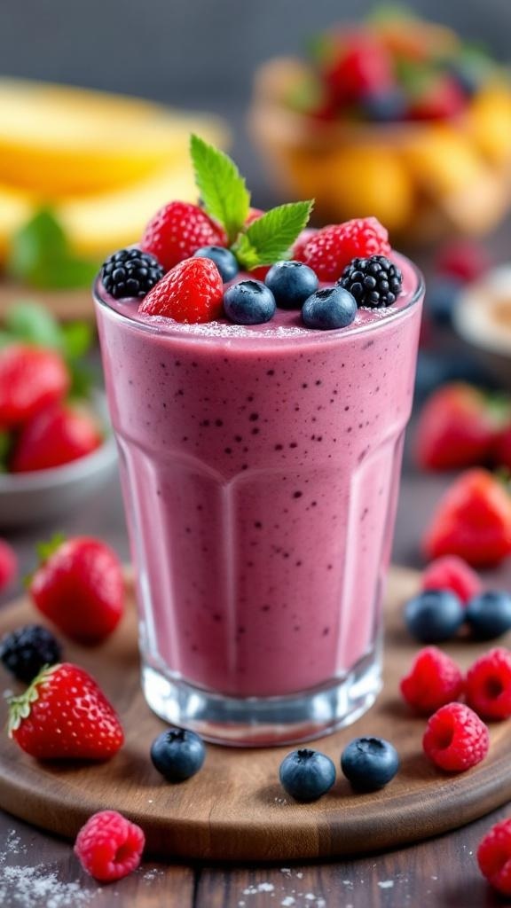 A refreshing berry blast smoothie in a glass, surrounded by fresh berries on a wooden board.