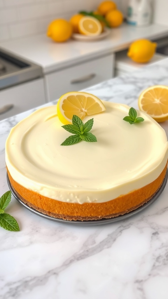 A no-bake lemon cheesecake topped with lemon slices and mint leaves, set on a marble countertop with lemons in the background.