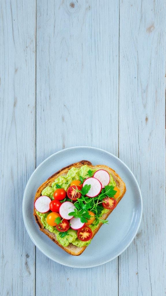 A plate of avocado toast topped with cherry tomatoes and radishes on a light wooden table.