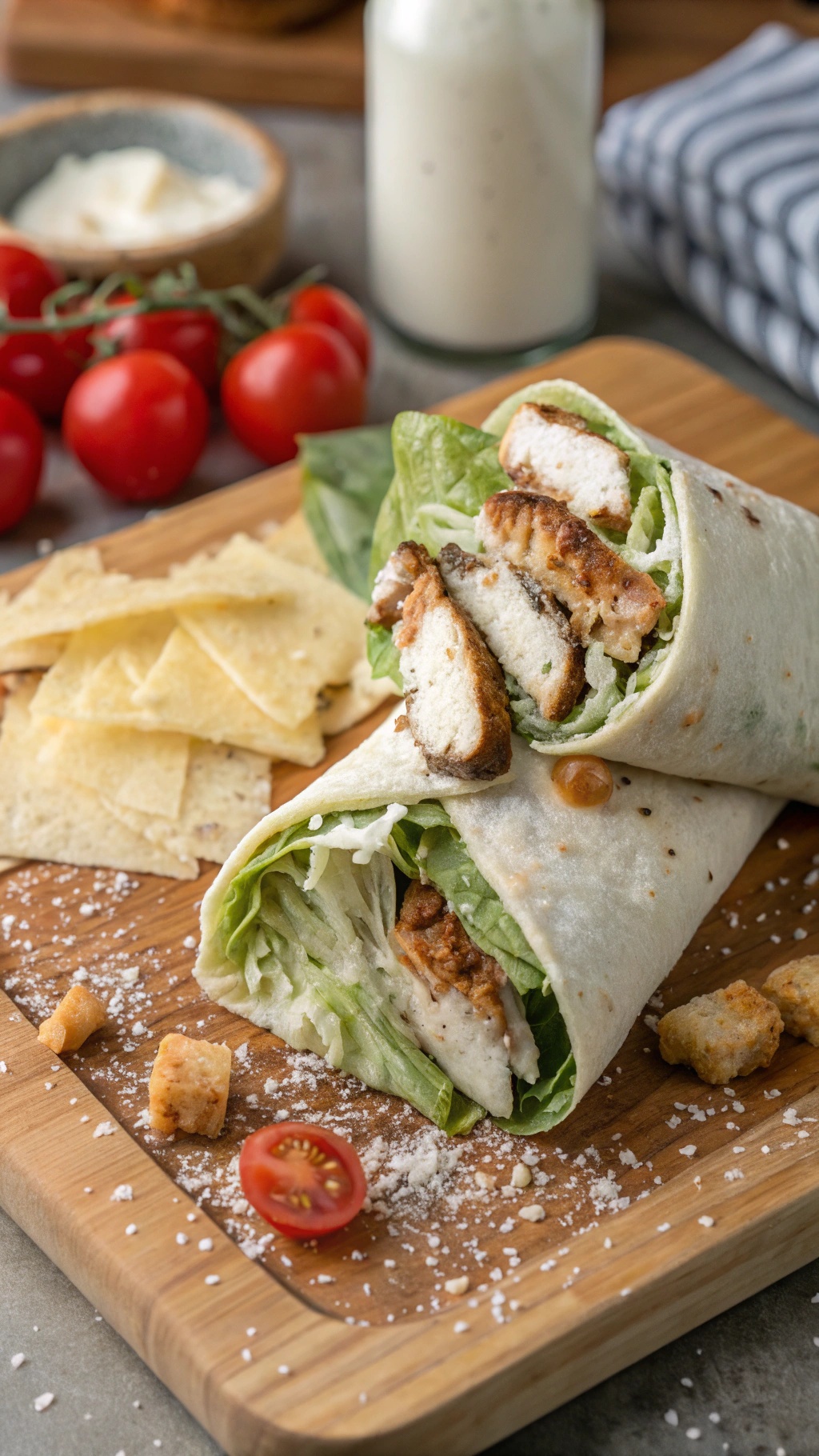 Chicken Caesar Salad Wraps with tortilla chips and cherry tomatoes on a wooden board.