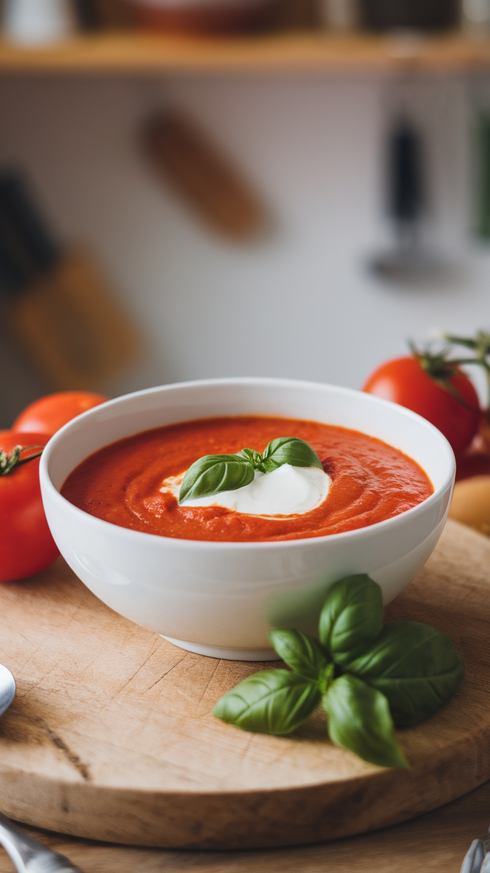 A bowl of creamy tomato basil soup garnished with basil leaves, surrounded by fresh tomatoes.