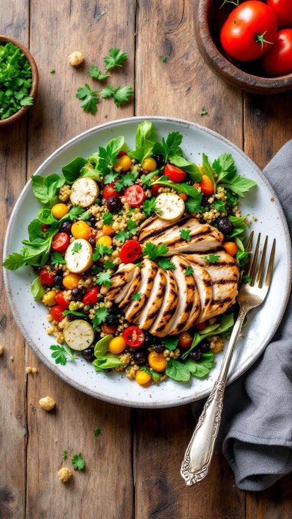 A vibrant grilled chicken quinoa salad with mixed greens, cherry tomatoes, and a light dressing.