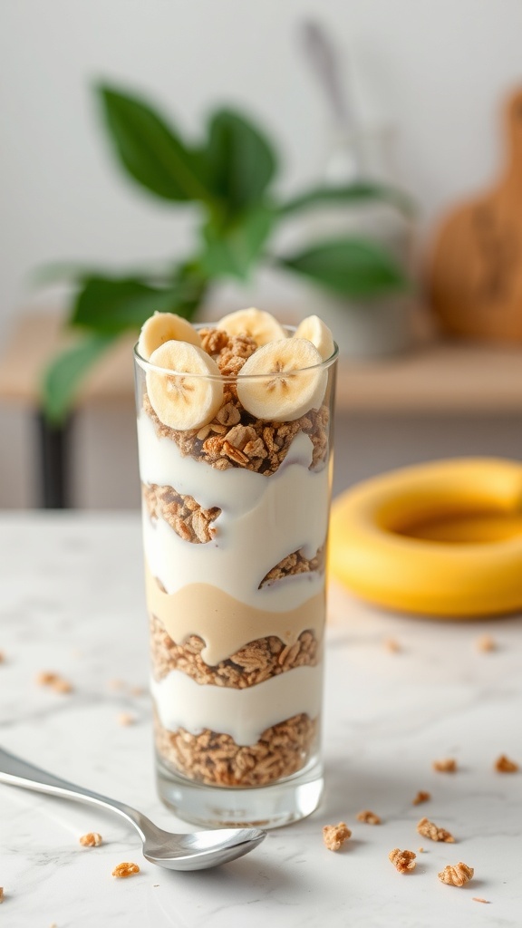 Healthy banana pudding parfait with layers of yogurt, granola, and banana slices in a tall glass.