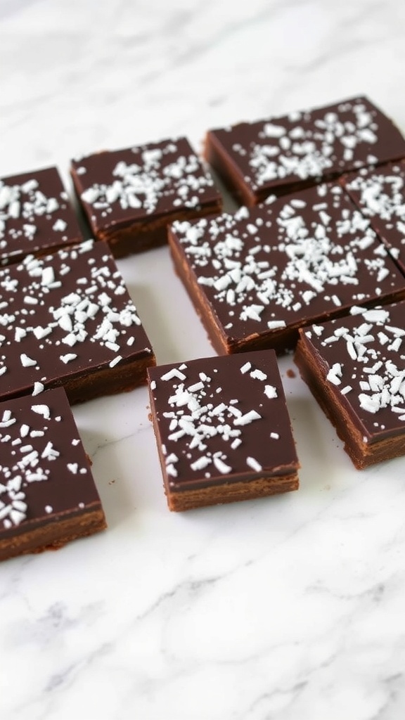 No-bake chocolate coconut bars topped with coconut flakes on a marble surface.