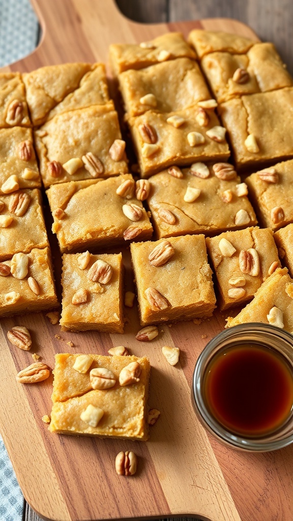 Nutty maple blondies on a wooden board, topped with pecans and served with a small bowl of maple syrup.