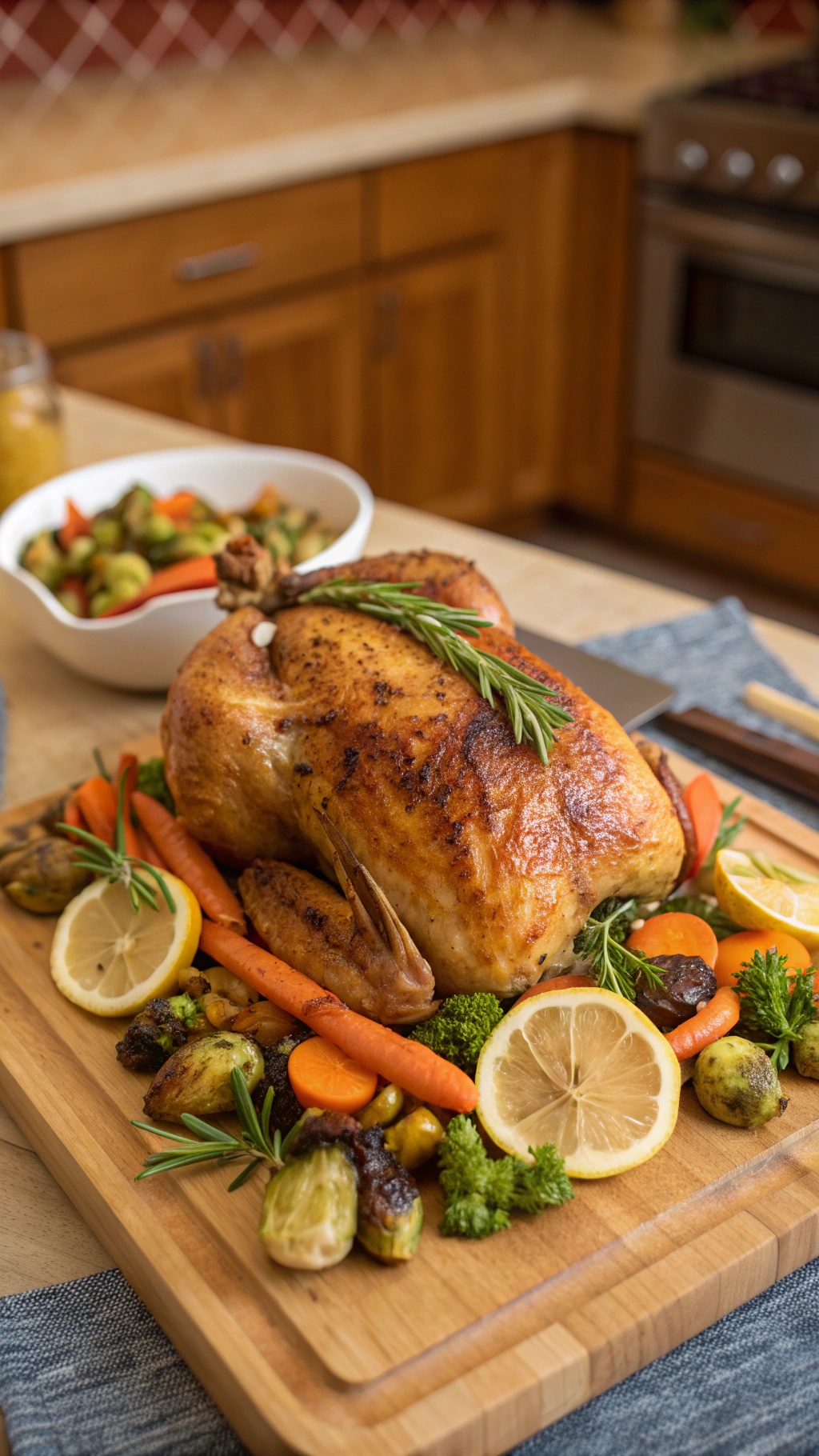 A beautifully roasted chicken on a wooden cutting board, surrounded by colorful vegetables and garnished with lemon slices and rosemary.