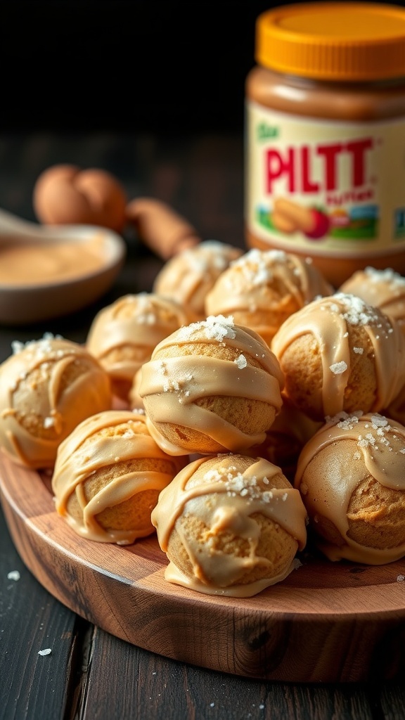 A plate of peanut butter fat bombs drizzled with peanut butter and sprinkled with sea salt, with a jar of peanut butter in the background.