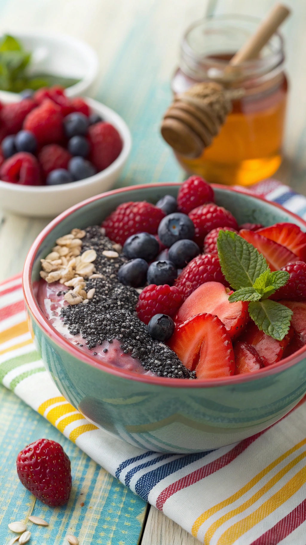 A bowl of berry chia seed pudding topped with fresh strawberries, blueberries, raspberries, and chia seeds, with a side of honey and additional berries.