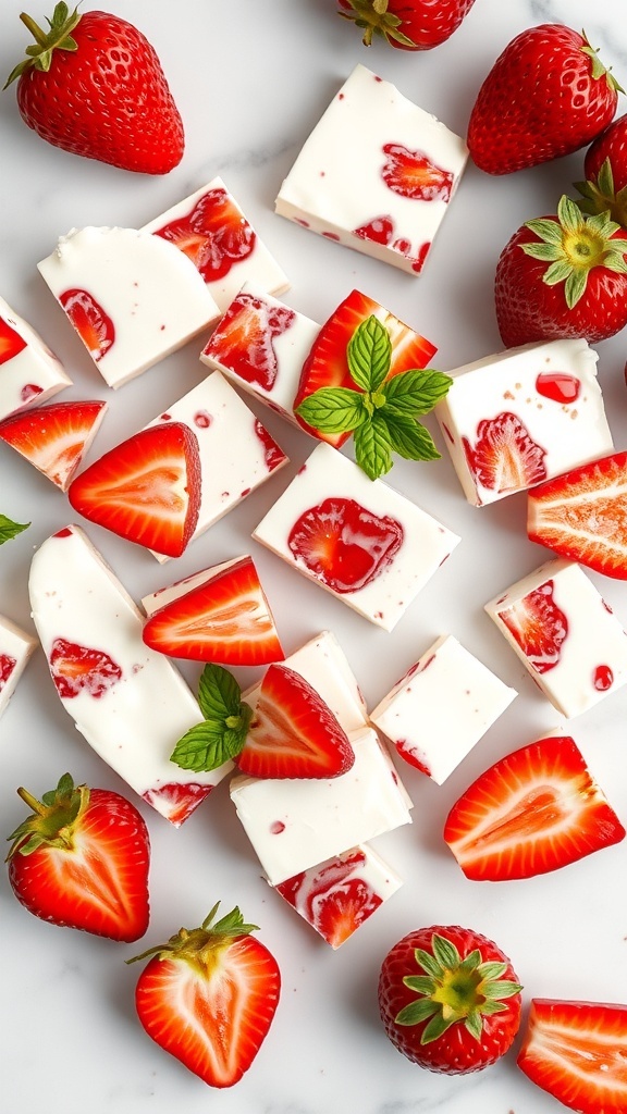 Strawberry Greek yogurt bark with fresh strawberries and mint leaves