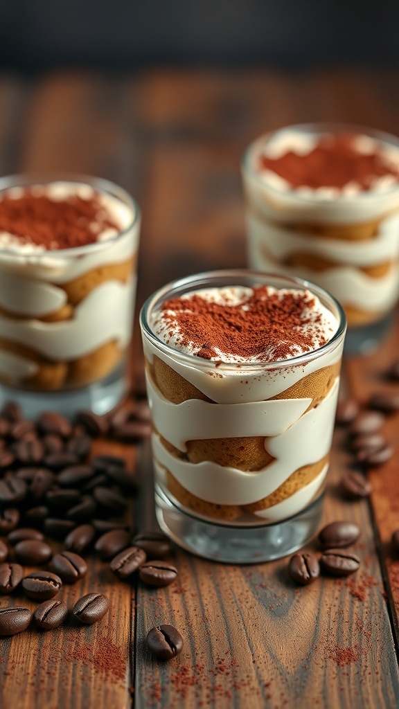 Three tiramisu cups layered with coffee-soaked ladyfingers and mascarpone cream, topped with cocoa powder.