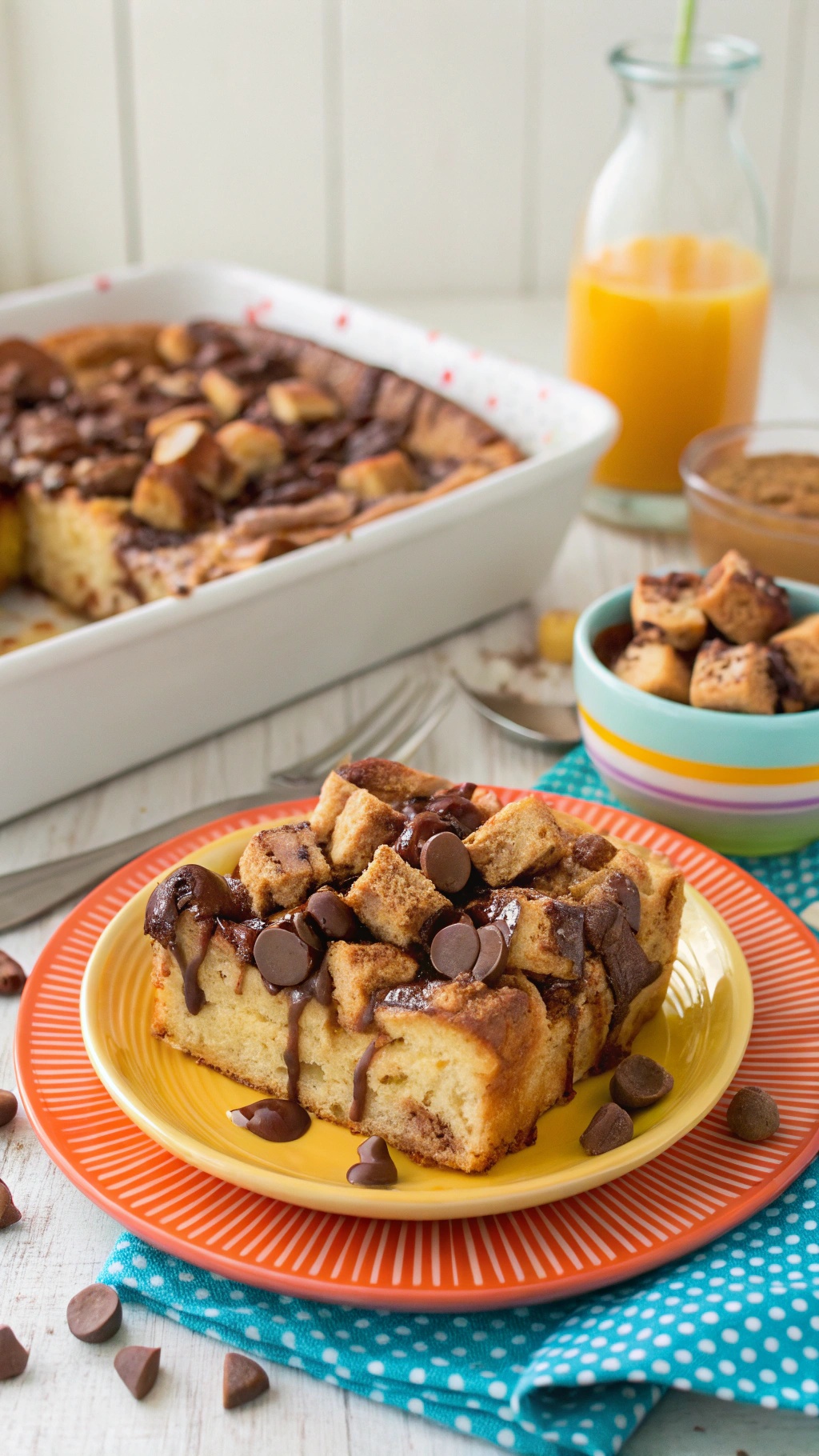 Peanut Butter Cup French Toast Casserole served on a plate with chocolate chips and mini peanut butter cups.
