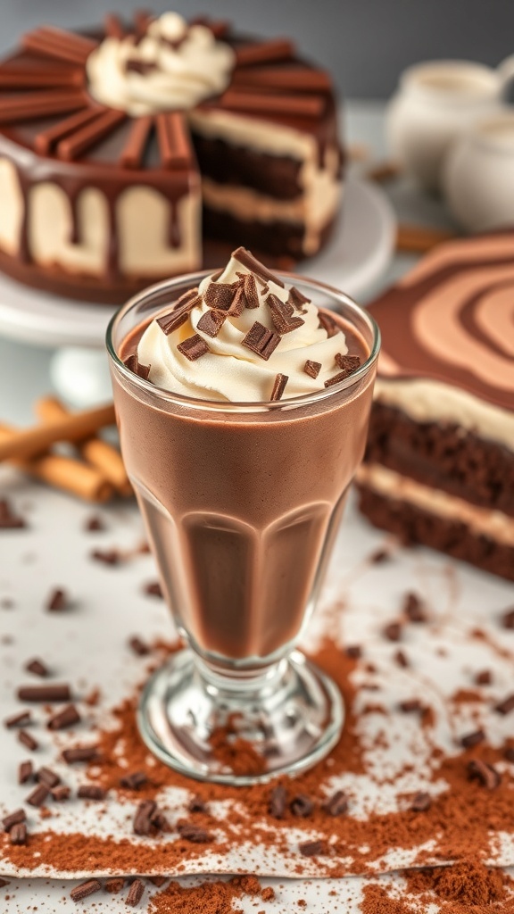 A chocolate cheesecake smoothie topped with whipped cream and chocolate shavings, surrounded by cocoa powder and chocolate curls.