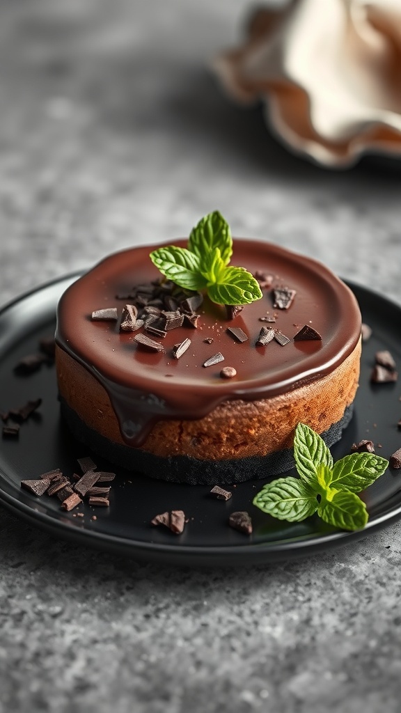 A rich chocolate protein cheesecake topped with chocolate ganache and mint leaves.