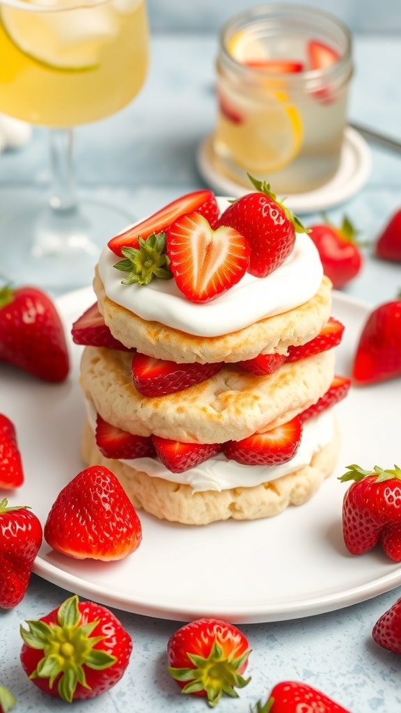 A stack of strawberry shortcake with fresh strawberries and whipped cream on a plate.