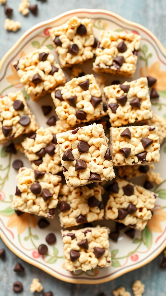 A platter of no-bake chocolate chip rice crispy treats cut into squares, topped with chocolate chips.