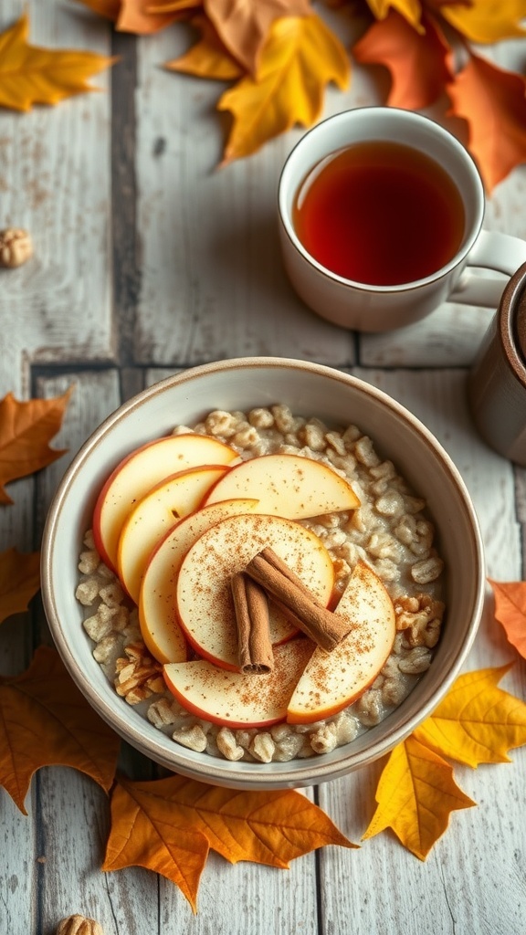 A bowl of cinnamon apple oatmeal topped with apple slices and cinnamon sticks, surrounded by autumn leaves and a cup of tea.