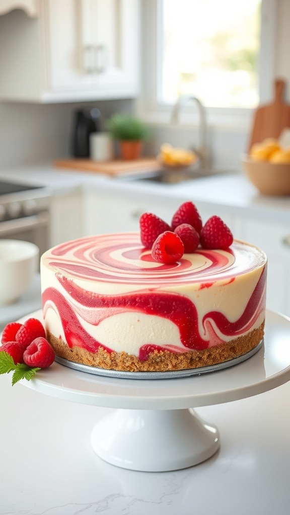 A beautifully presented raspberry swirl cheesecake topped with fresh raspberries, sitting on a white cake stand in a bright kitchen.