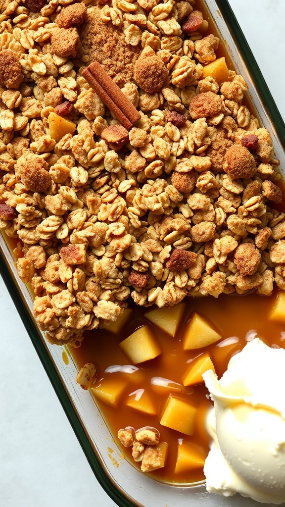 A delicious caramel apple crisp topped with oats and served with a scoop of vanilla ice cream.