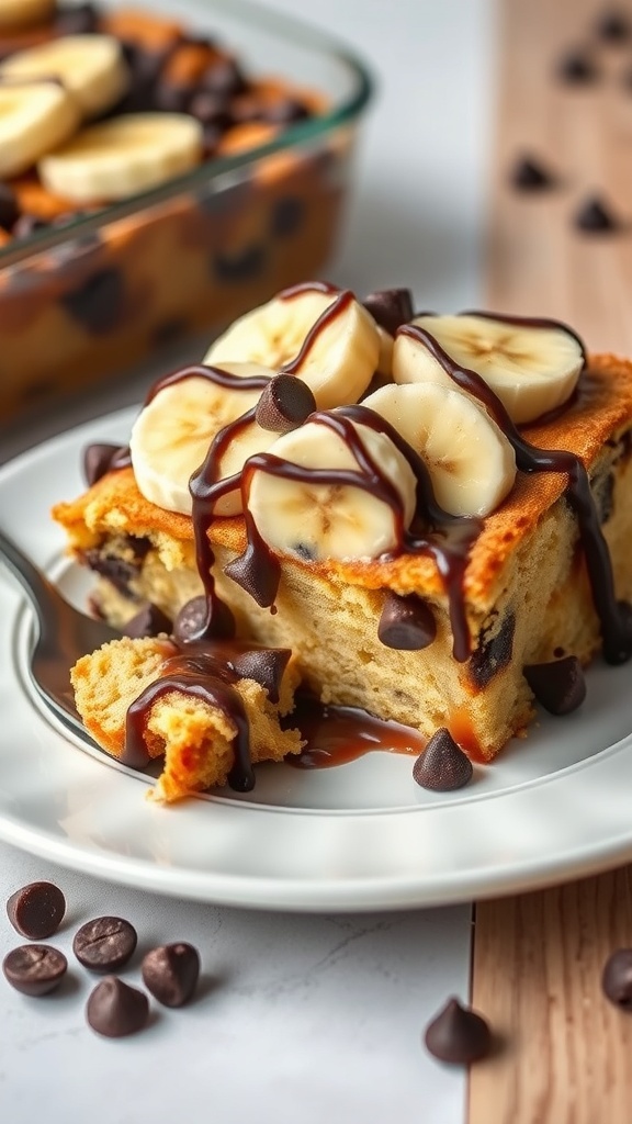 A slice of chocolate chip banana bread pudding topped with banana slices and chocolate drizzle on a plate.